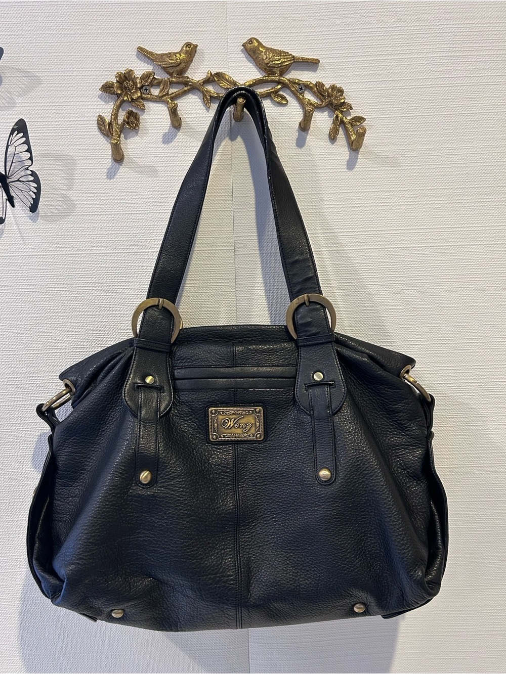 Wenz Tote Style Black Leather Shoulder Bag with Brass Accents and Hardware